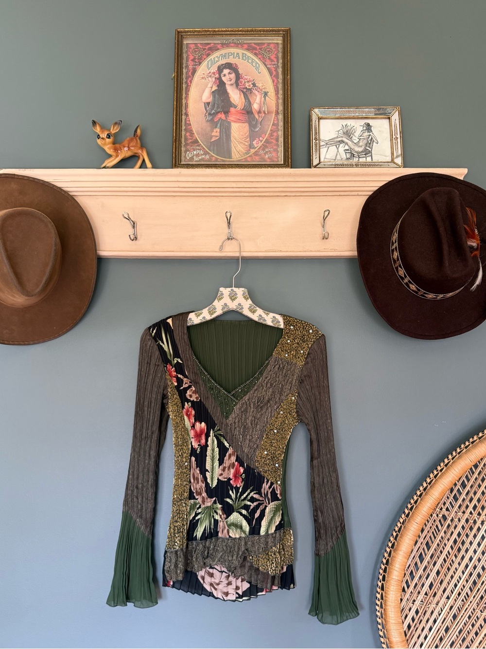 Mixed Print Green V-Neck Patchwork Blouse sz small / medium